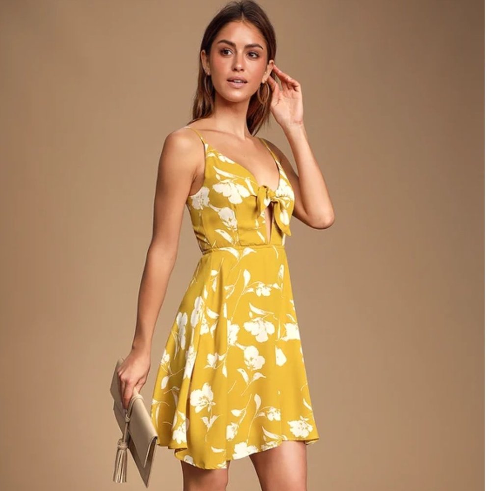 Lulus Mustard Yellow Floral Print Tie-Front Skater Dress